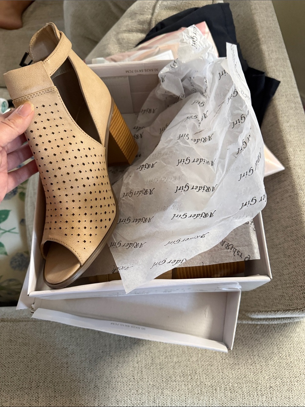 Perforated Taupe Peep-Toe Block Heel Booties - Picture 8 of 8